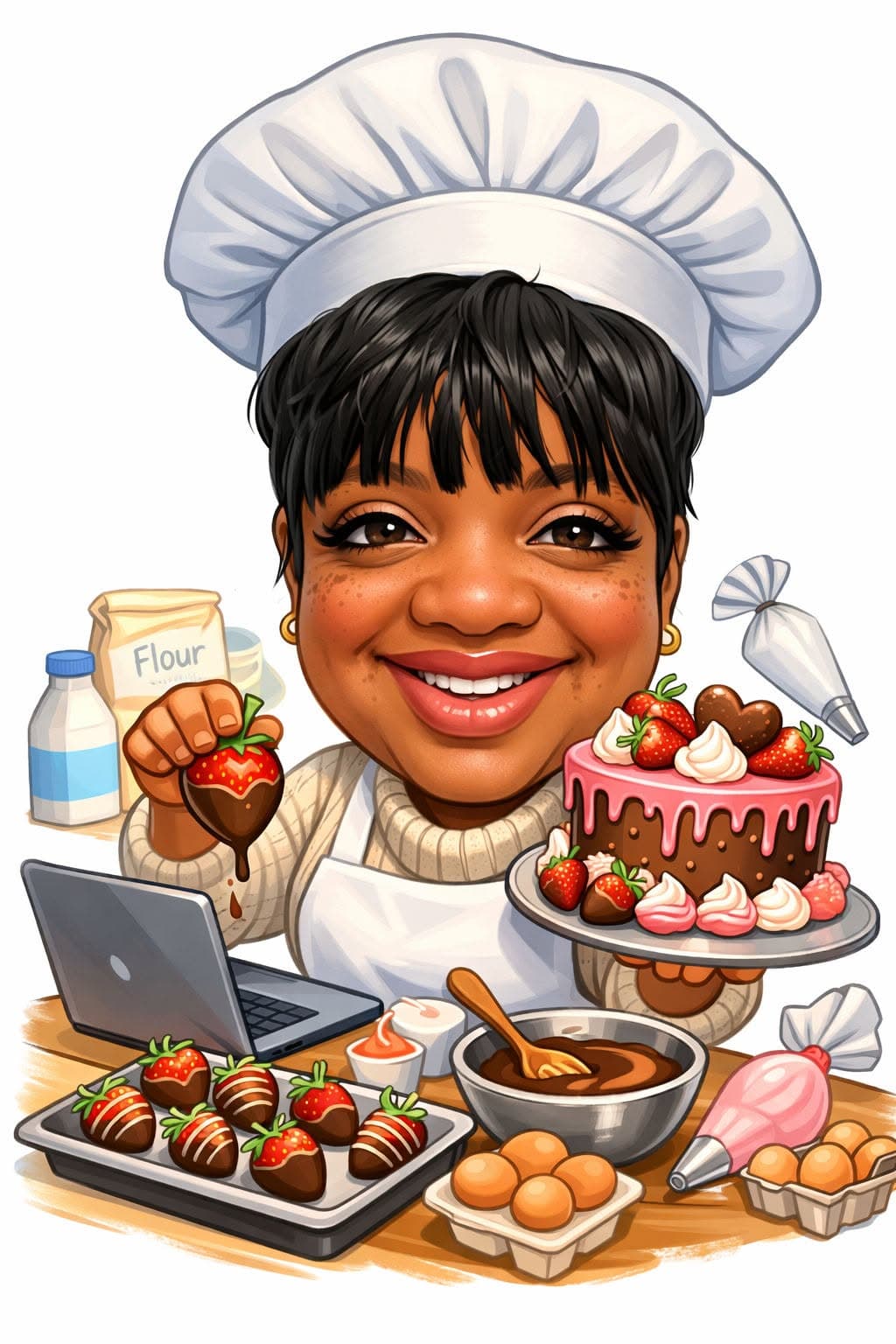Smiling Black woman chef holding a decorated cake and chocolate-dipped strawberry among baking supplies.