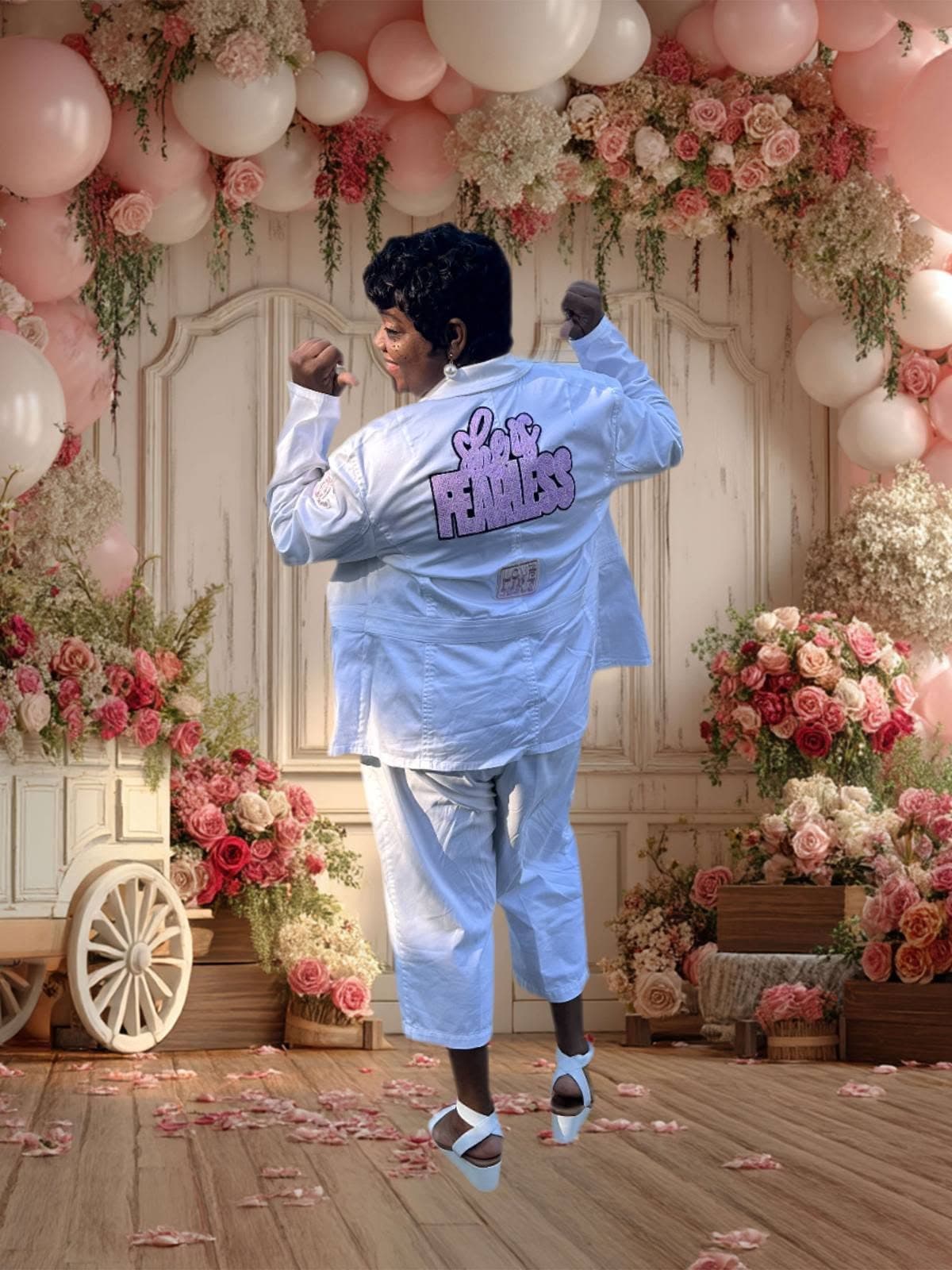 Woman in white 'FEARLESS' jacket poses against a backdrop of pink flowers and balloons.
