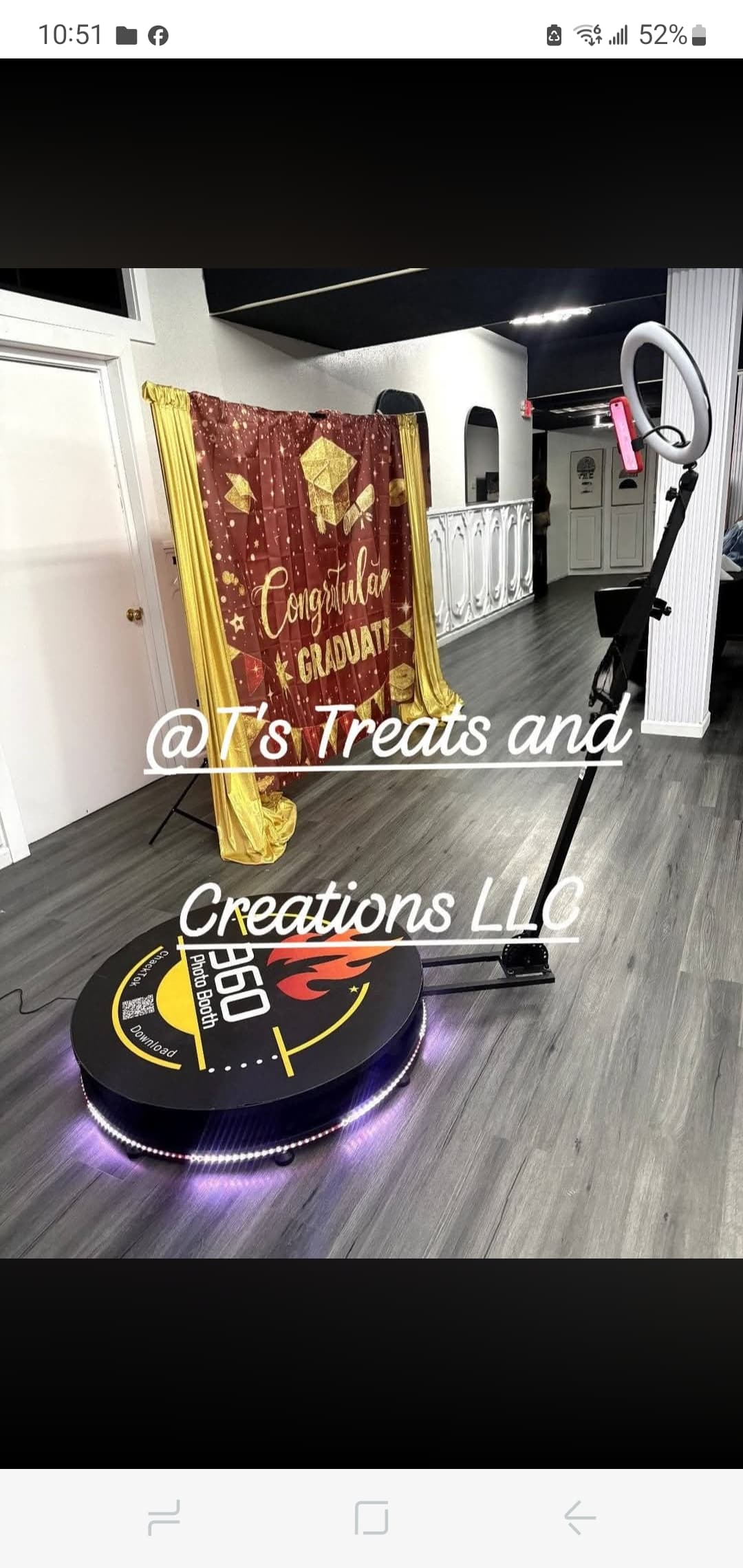360 photo booth setup with a ring light and a maroon "Congratulations Graduate" backdrop.